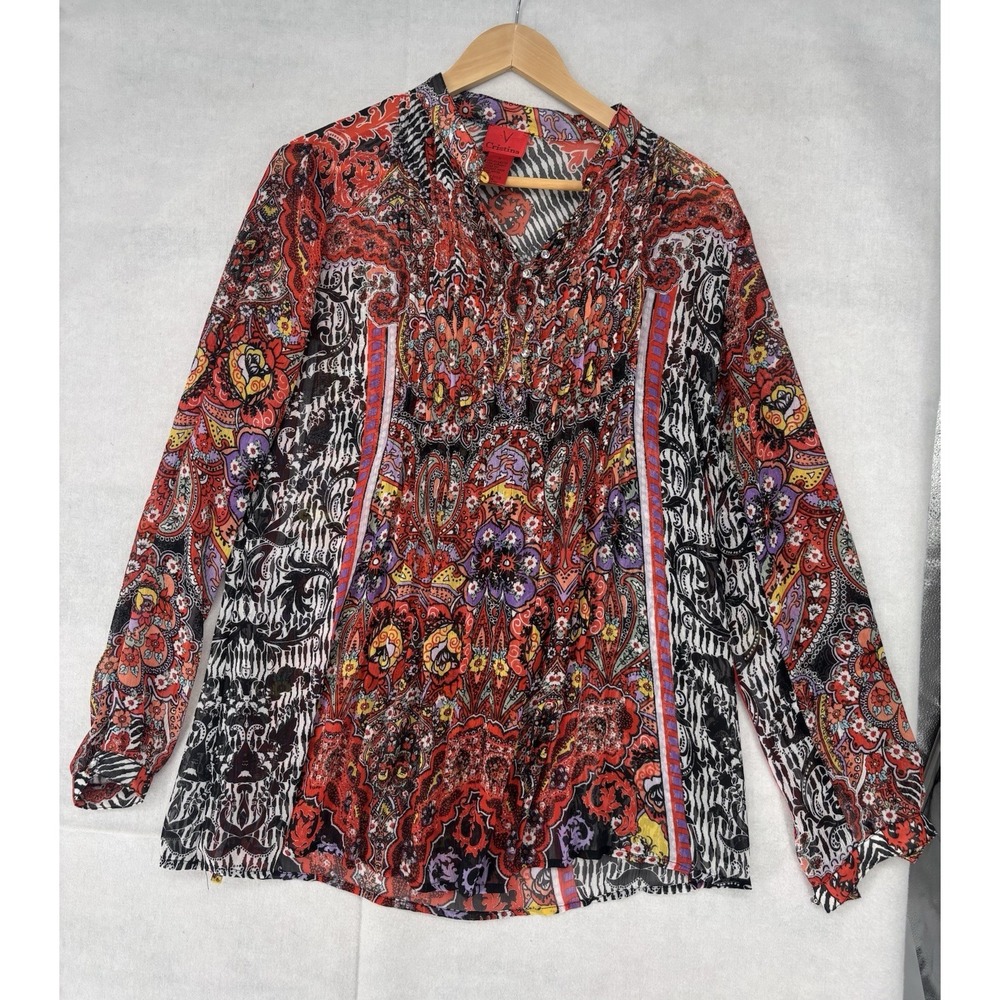 V Christina Boho Peasant Blouse Sz M Mixed Print Sheer Top Maximalist